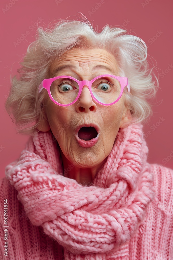 Shocked older woman with pink glasses, pink background, surprised and fun Shocked older woman with pink glasses, pink background, surprised and fun