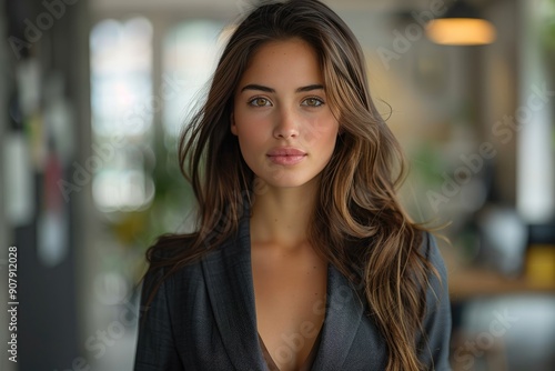 Wallpaper Mural Confident businesswoman with long hair in a professional office setting, looking serious and determined. Torontodigital.ca