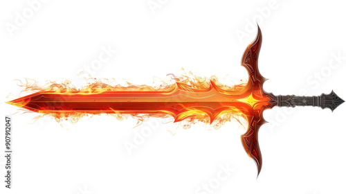 Dynamic image of a fiery sword with a blazing aura, symbolizing power and fantasy. Perfect for fantasy art and game design. Isolated on transparent background.