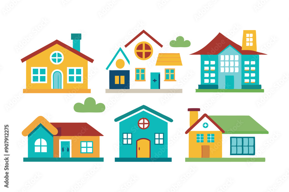 Six Colorful Cartoon Houses with Different Architectural Styles Six Colorful Cartoon Houses with Different Architectural Styles
