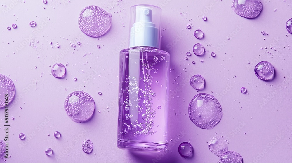 Lavender-tinted beauty spray bottle surrounded by water droplets and bubbles on a purple background, showcasing freshness and hydration. Lavender-tinted beauty spray bottle surrounded by water droplets and bubbles on a purple background, showcasing freshness and hydration.