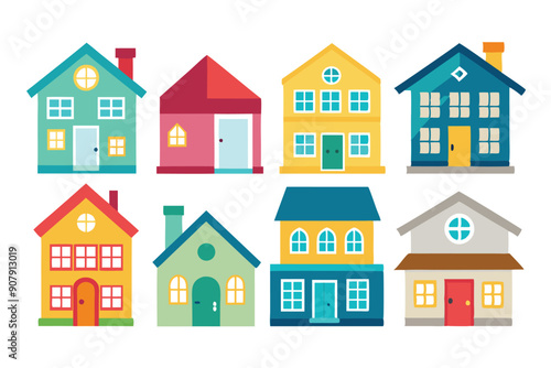 Colorful Cartoon Houses with Various Architectural Styles