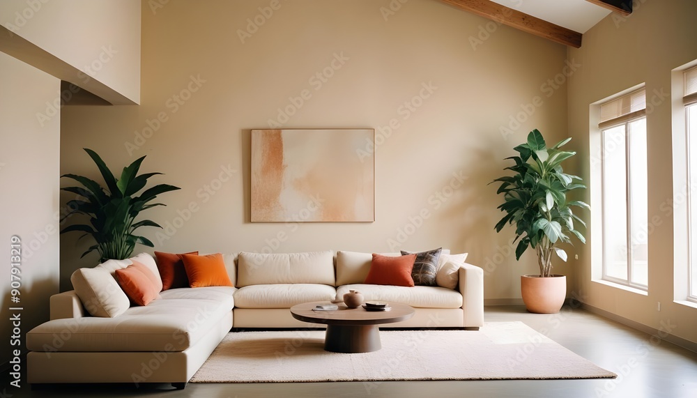 In a minimalist loft home interior design of the modern living room, a beige sofa occupies a spacious room with stucco walls In a minimalist loft home interior design of the modern living room, a beige sofa occupies a spacious room with stucco walls