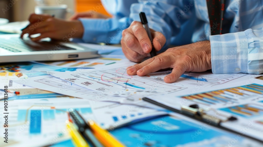 Generate a photo realistic image of a construction project team planning budget strategies, with detailed financial charts and strategic planning documents Generate a photo realistic image of a construction project team planning budget strategies, with detailed financial charts and strategic planning documents