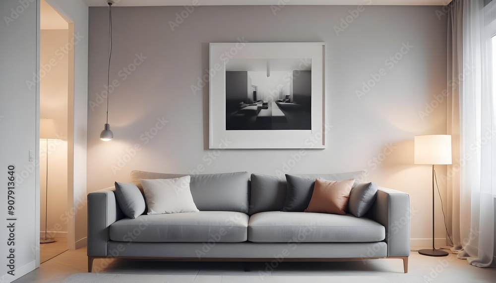 Fototapeta premium Minimalist interior design of a modern living room with a grey sofa near a wall with an empty mock-up poster