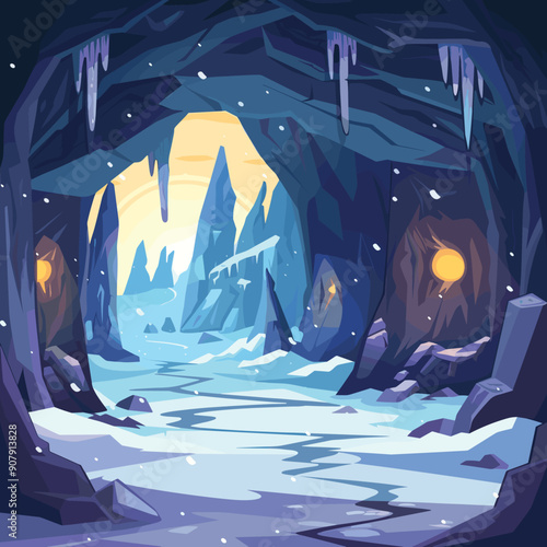 vibrant icy cave icicles hanging roof, bright sunlight illuminating entrance beyond jagged rocks snowcovered ground, mystical winter landscape featuring frozen cave system glowing light sources