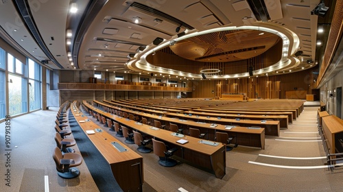 Empty Auditorium With Wooden Seats And Desks. photo