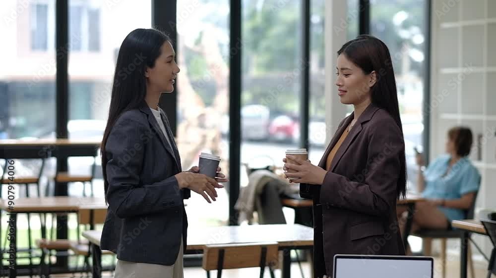 Two women in suits are talking in a cafe. One of them is holding a cup. The other woman is holding a wallet Two women in suits are talking in a cafe. One of them is holding a cup. The other woman is holding a wallet