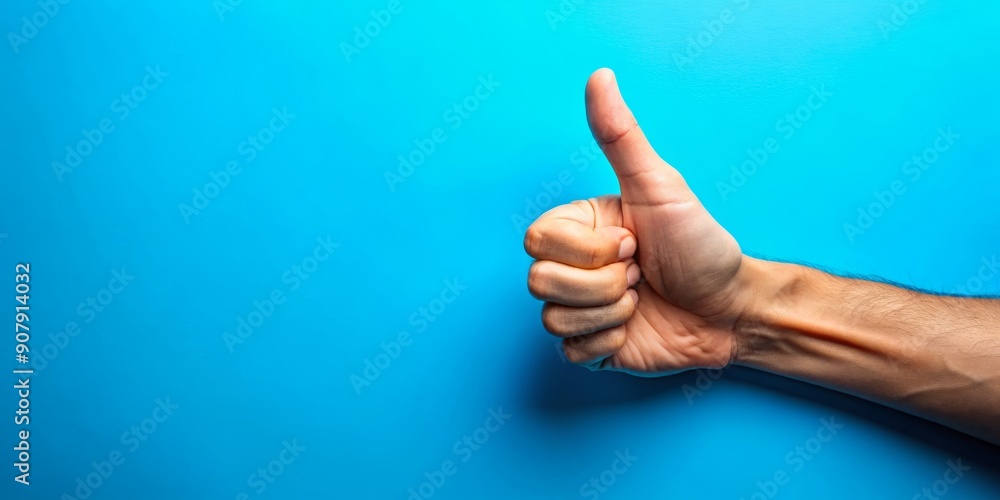 A solitary hand giving a thumbs up gesture isolated on a bright blue background, conveying approval, agreement, and positivity in a bold and cheerful way. A solitary hand giving a thumbs up gesture isolated on a bright blue background, conveying approval, agreement, and positivity in a bold and cheerful way.