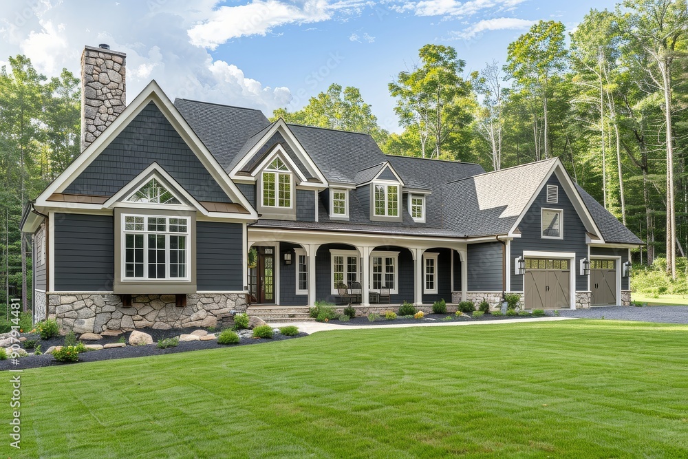 Obraz premium Beautiful Grey-Walled Home with Black Roof and Stone Chimney in North Carolina Woods, Featuring Lush Green Grass and Two Garage Doors
