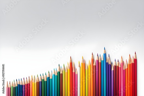 A row of sharpened colored pencils lies on a white surface, with shavings scattered on either side. The pencils are arranged in a line, with their points facing forward. The pencils are a variety.