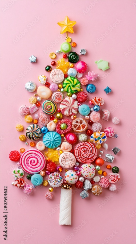Festive candy Christmas tree made of colorful sweets, lollipops, and gummy treats on pink background. Creative holiday confectionery concept. Festive candy Christmas tree made of colorful sweets, lollipops, and gummy treats on pink background. Creative holiday confectionery concept.