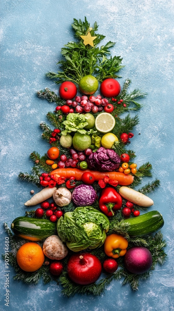 Festive Christmas tree made of colorful fresh vegetables and fruits on blue background, creative healthy holiday food concept Festive Christmas tree made of colorful fresh vegetables and fruits on blue background, creative healthy holiday food concept