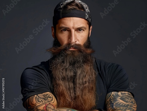 Medium shot of Biker with a long beard, bandana and tattoos on his arm, themed background 
