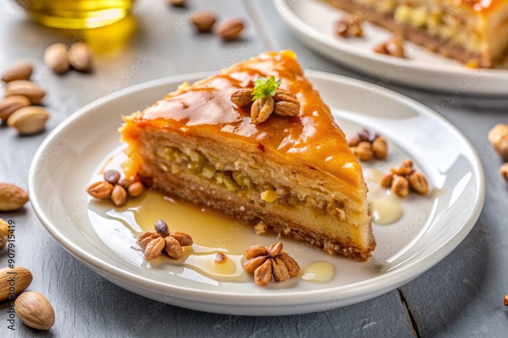 Freshly baked piece of baklava cake with honey syrup drizzled on top, surrounded by crunchy nuts and placed on a white ceramic plate. Freshly baked piece of baklava cake with honey syrup drizzled on top, surrounded by crunchy nuts and placed on a white ceramic plate.