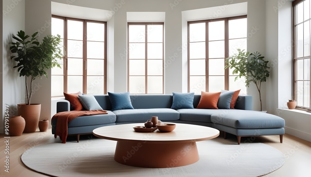 In a minimalist home interior design of a modern living room, a grey corner sofa with terracotta pillows surrounds a big round wooden coffee table near a window In a minimalist home interior design of a modern living room, a grey corner sofa with terracotta pillows surrounds a big round wooden coffee table near a window