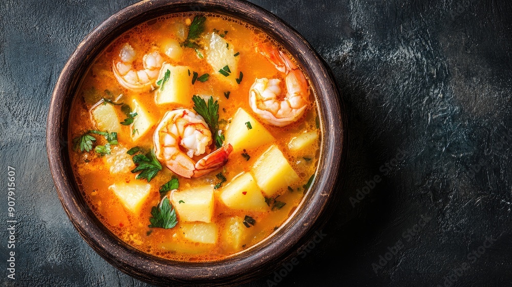 Top view of a delicious bowl of Peruvian chupe de camarones, a shrimp soup with potatoes and cheese, with room for copy. Top view of a delicious bowl of Peruvian chupe de camarones, a shrimp soup with potatoes and cheese, with room for copy.