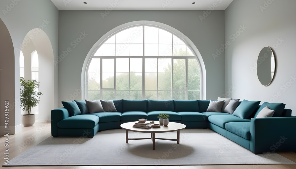 Obraz premium In a minimalist home interior design of a modern living room, a curved sofa is placed against an arched window