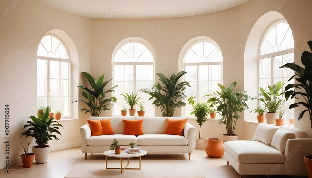 In a minimalist home interior design of a modern living room, a white sofa is accompanied by potted houseplants near an arched window, adjacent to a beige wall with ample copy space In a minimalist home interior design of a modern living room, a white sofa is accompanied by potted houseplants near an arched window, adjacent to a beige wall with ample copy space
