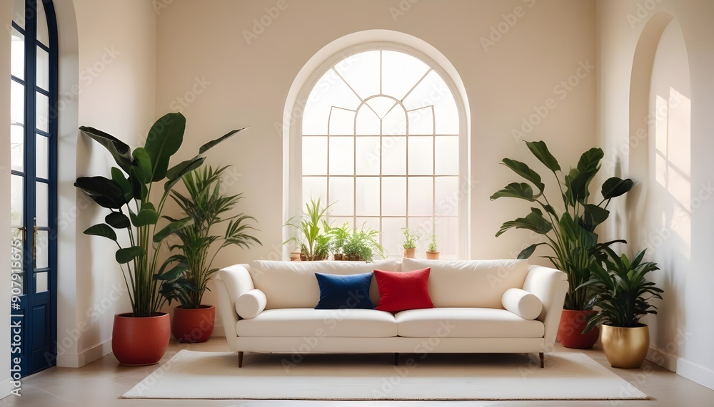 In a minimalist home interior design of a modern living room, a white sofa is accompanied by potted houseplants near an arched window, adjacent to a beige wall with ample copy space In a minimalist home interior design of a modern living room, a white sofa is accompanied by potted houseplants near an arched window, adjacent to a beige wall with ample copy space