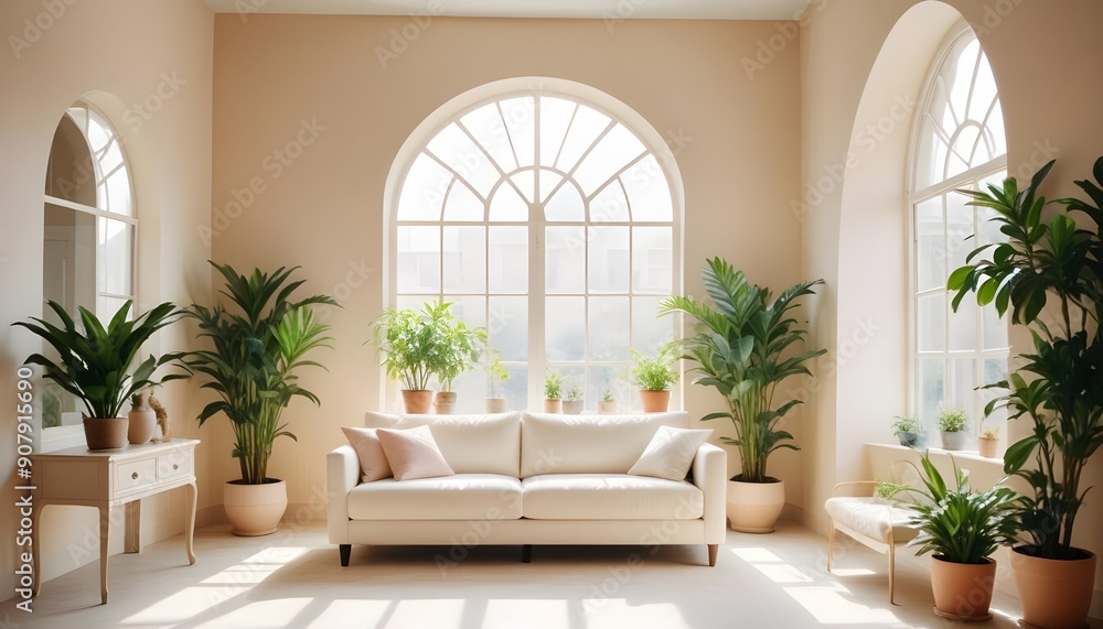 In a minimalist home interior design of a modern living room, a white sofa is accompanied by potted houseplants near an arched window, adjacent to a beige wall with ample copy space In a minimalist home interior design of a modern living room, a white sofa is accompanied by potted houseplants near an arched window, adjacent to a beige wall with ample copy space
