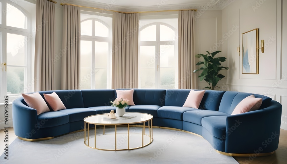 In a minimalist home interior design of a modern living room, a luxury blue curved sofa and golden coffee tables are arranged by a bay In a minimalist home interior design of a modern living room, a luxury blue curved sofa and golden coffee tables are arranged by a bay