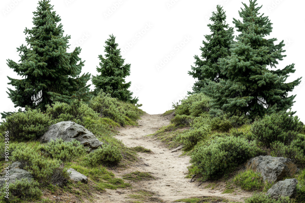 Obraz premium A serene path meanders through dense greenery, flanked by tall trees and rocks, inviting exploration in a tranquil natural setting