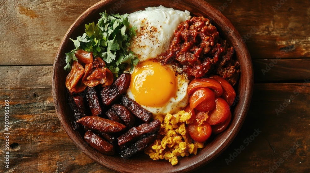 Top view of a delicious plate of Colombian bandeja paisa, with various traditional ingredients. Top view of a delicious plate of Colombian bandeja paisa, with various traditional ingredients.
