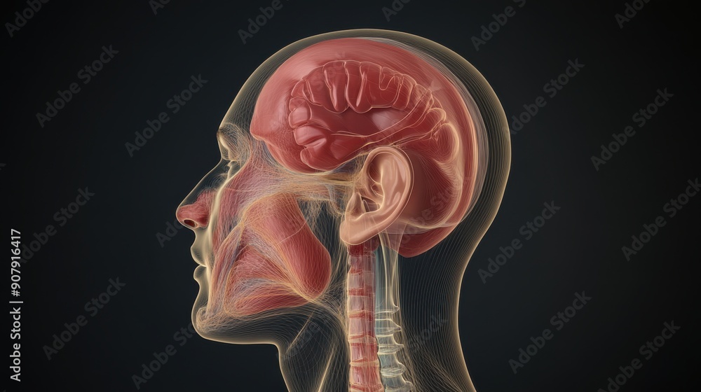 Side view of a detailed anatomical illustration of the human head and neck showing the brain, muscles, nerves, and spinal cord against a dark background. Side view of a detailed anatomical illustration of the human head and neck showing the brain, muscles, nerves, and spinal cord against a dark background.