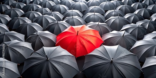 Vibrant red umbrella stands out amidst a sea of black and white ones, symbolizing innovation, leadership, and daring to be different in a conformist environment.