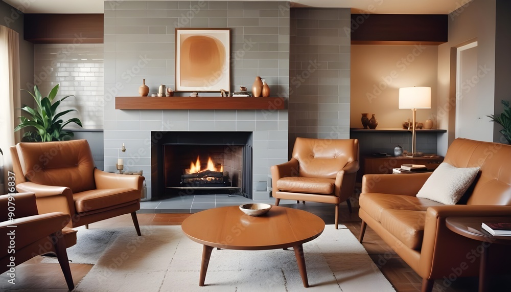 Fototapeta premium A mid-century style home interior design of a modern living room includes brown leather chairs and a grey sofa in a room with a fireplace