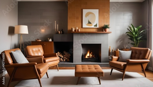 Wallpaper Mural A mid-century style home interior design of a modern living room includes brown leather chairs and a grey sofa in a room with a fireplace Torontodigital.ca