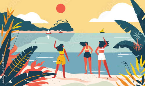 Three women standing beach tropical scenery boats yellow clothing summer vacation vector illustration Pacific island fun sun. Three women enjoying tropical beach