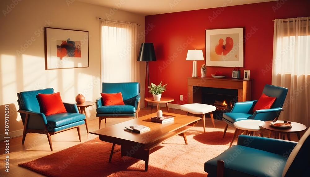 In a mid-century style home interior design of a modern living room, a white sofa and blue leather chairs are arranged near a wooden coffee table In a mid-century style home interior design of a modern living room, a white sofa and blue leather chairs are arranged near a wooden coffee table