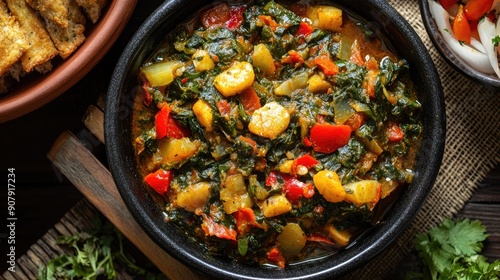 Top view of a flavorful Jamaican callaloo with salted fish, perfect for a hearty breakfast display. photo