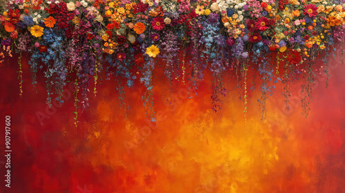 Elegant colorful with vibrant flower hanging branches illustration background. Bright color 3d abstraction wallpaper for interior mural, Generated by AI	