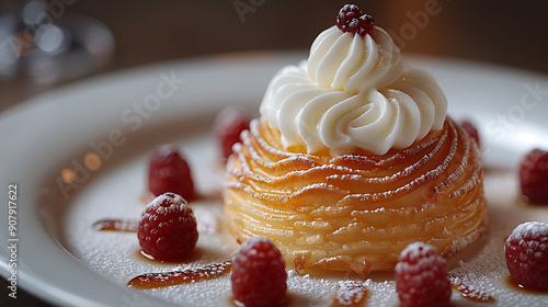 Aigenerated image of dessert inspired Baba au Rhum Le Cinq Paris famed rumsoaked sponge cake and whipped cream Infuse it with a touch of Michelinstarred finesse and wishes for gastronomic excellence photo