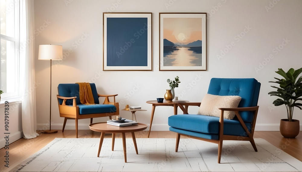 In a mid-century interior design of a modern living room, a blue armchair sits near a long wooden coffee table against a white wall with a large art canvas poster frame In a mid-century interior design of a modern living room, a blue armchair sits near a long wooden coffee table against a white wall with a large art canvas poster frame