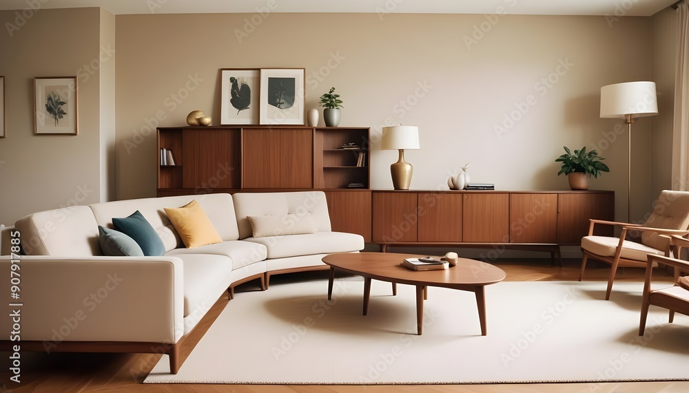A mid-century interior design characterizes a modern living room with various elements and design choices A mid-century interior design characterizes a modern living room with various elements and design choices