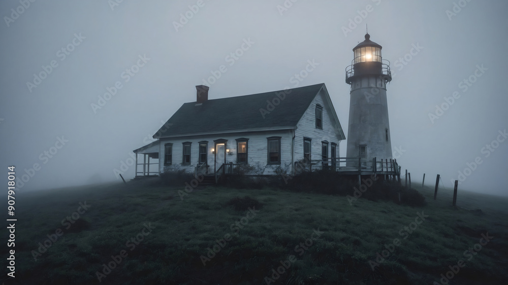Mysterious Lighthouse Standing Alone in Foggy Landscape at Dusk Mysterious Lighthouse Standing Alone in Foggy Landscape at Dusk
