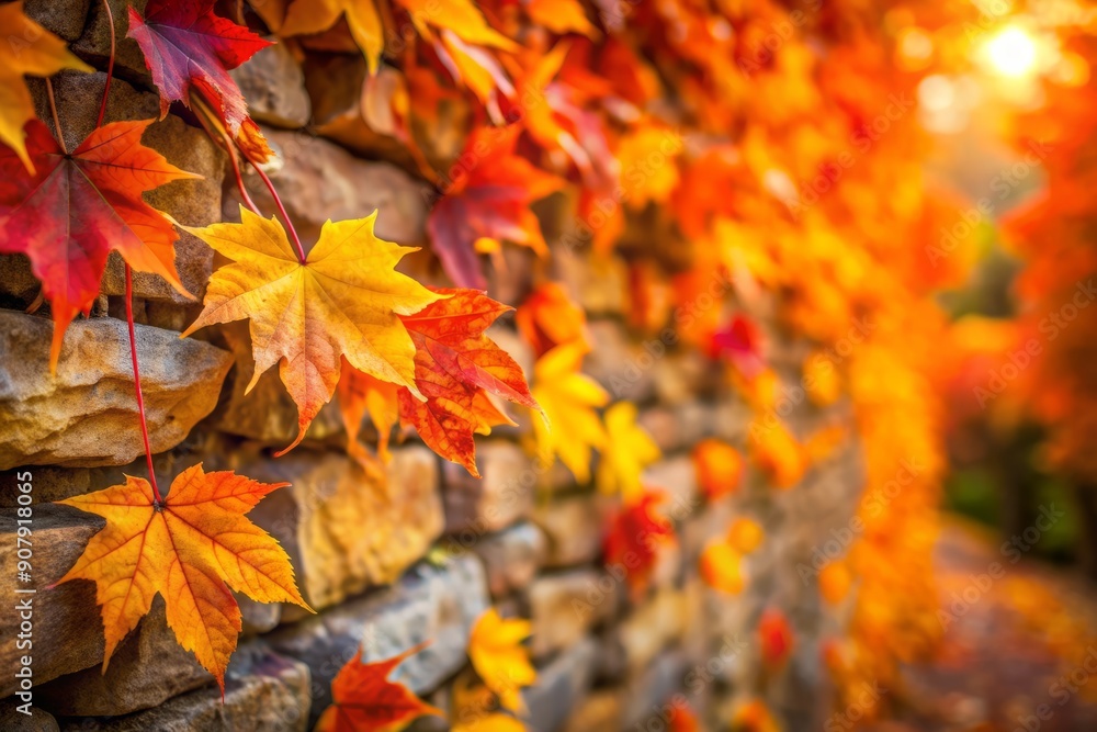 Vibrant orange, yellow, and red autumn leaves scattered across a natural stone wall, creating a warm and cozy seasonal background with a soft focus blur. Vibrant orange, yellow, and red autumn leaves scattered across a natural stone wall, creating a warm and cozy seasonal background with a soft focus blur.