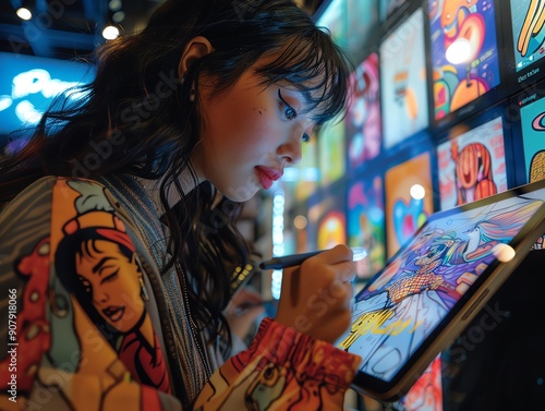 Young artist creating digital art on a tablet, surrounded by vibrant graphic displays in a dynamic, creative environment. photo