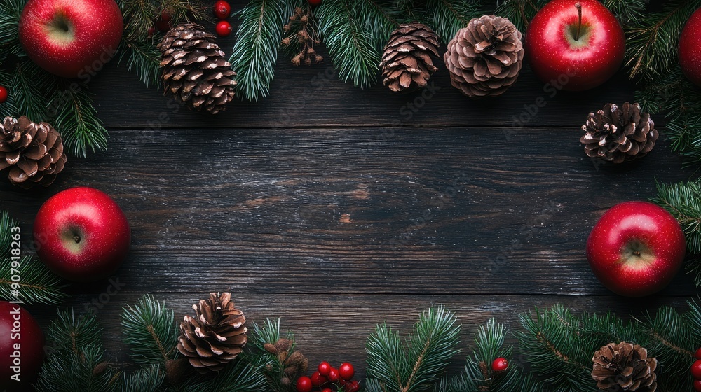 Christmas background with fir branches, red apples, and pine cones arranged flatly on a dark wooden table. Top-down view with space for adding text. Christmas background with fir branches, red apples, and pine cones arranged flatly on a dark wooden table. Top-down view with space for adding text.