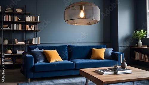 A metal mesh pendant light fixture hangs above a decorative vase, books on a coffee table near a dark blue velvet sofa, accentuating the Scandinavian style of the home interior design