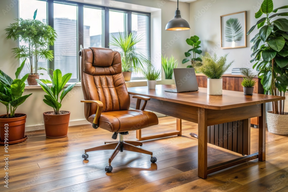 Modern office space with wooden desk, leather armchair, and potted plants, conveying a sense of relaxed yet professional atmosphere ideal for business meetings. Modern office space with wooden desk, leather armchair, and potted plants, conveying a sense of relaxed yet professional atmosphere ideal for business meetings.