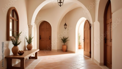 A Mediterranean style hallway with an arched door contributes to the interior design of a modern rustic entrance hall in a farmhouse