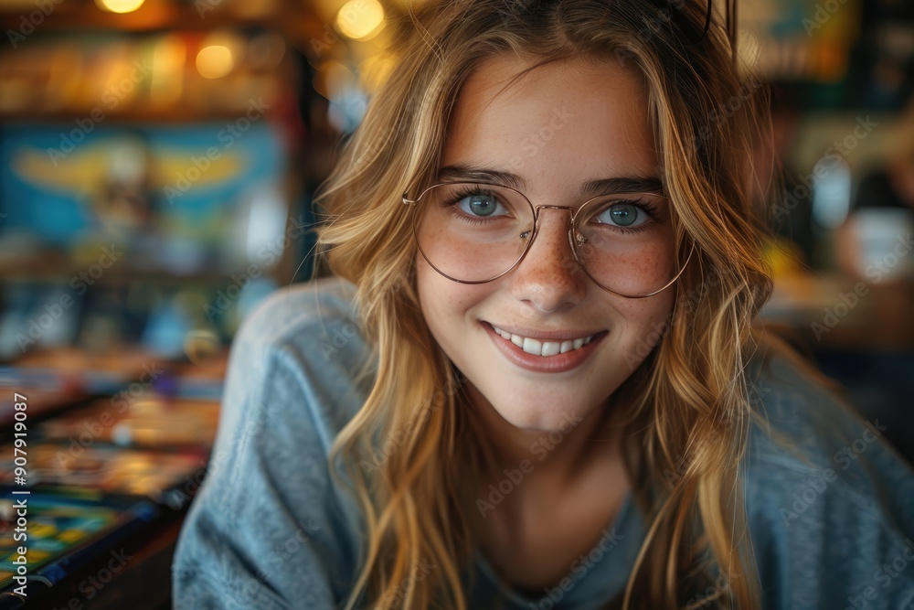A smiling young woman with glasses in a cozy, colorful setting, creating a warm and inviting atmosphere. Perfect for lifestyle and portrait use. A smiling young woman with glasses in a cozy, colorful setting, creating a warm and inviting atmosphere. Perfect for lifestyle and portrait use.