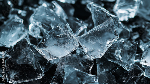 Close-up of clear ice cubes against a dark background.