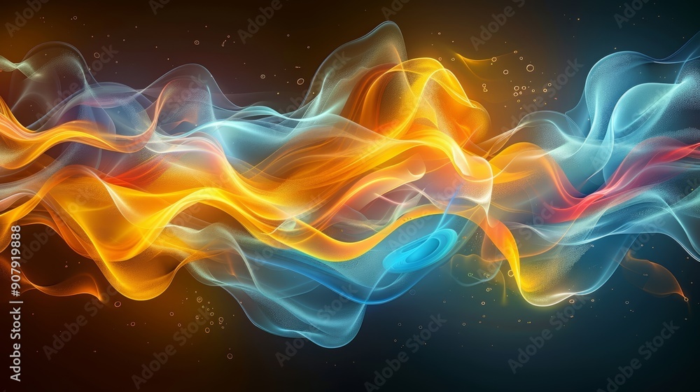 Fototapeta premium beautiful abstract and colorful fluid flow background, main colors are yellow and blue on dark background 