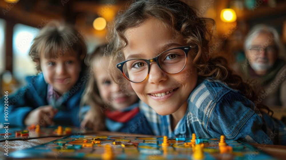 Happy children playing a board game together, having fun and bonding in a warm, cozy environment with soft lighting. Happy children playing a board game together, having fun and bonding in a warm, cozy environment with soft lighting.